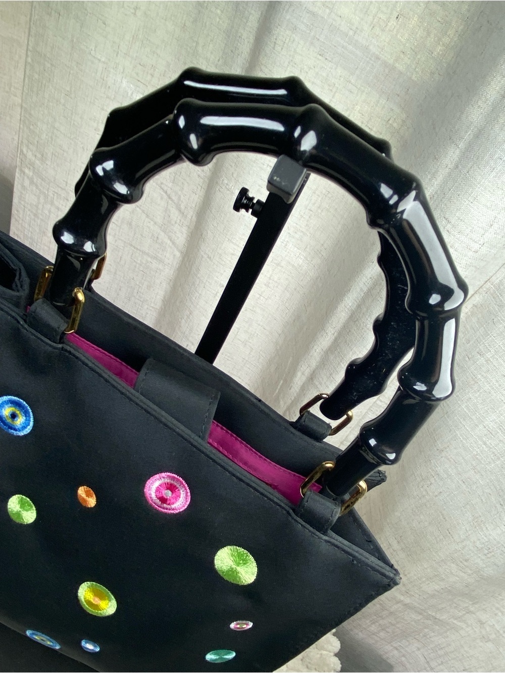 Vintage Y2K Tianni Handbag Black Nylon Bamboo Handle Retro Mod Embroidered - Picture 4 of 13